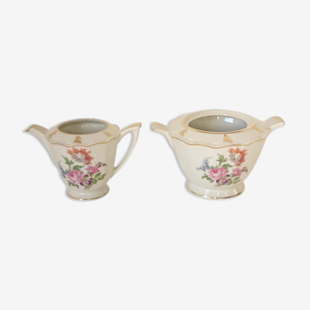 Sugar bowl and milk jar in flowery white porcelain