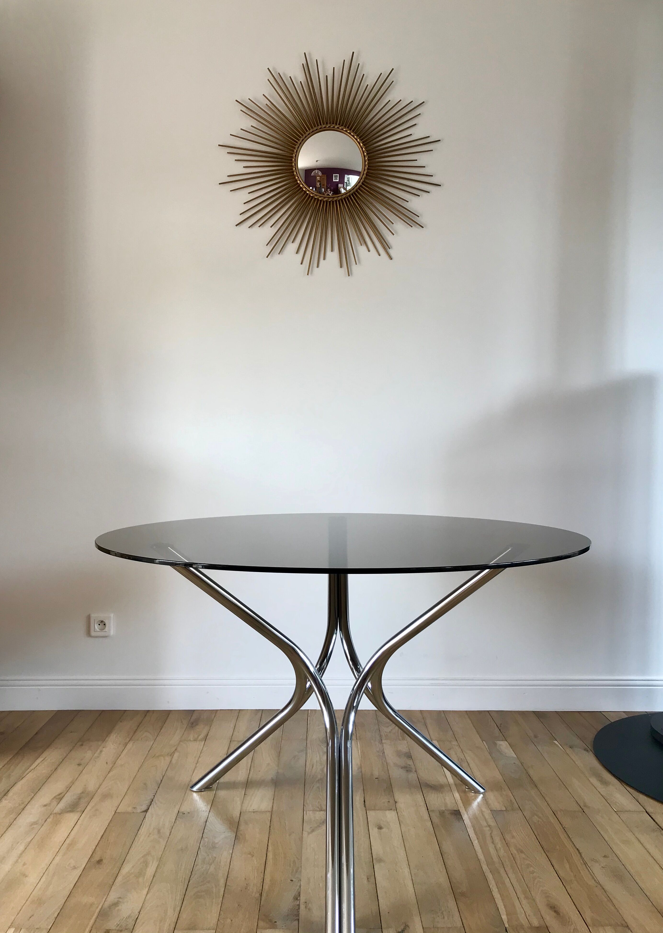 Dining / living table in chrome and smoked glass design 70s