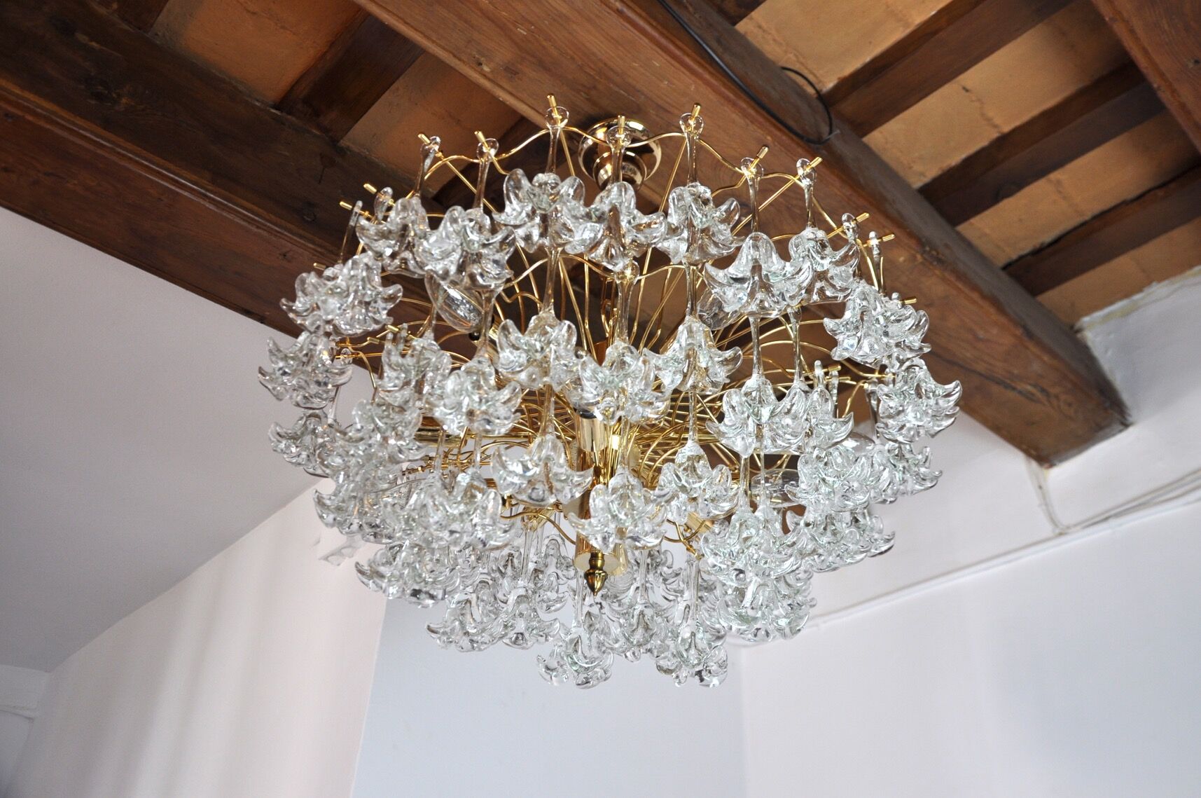 Lustre, 3 levels, crystal flowers, Italy 1970