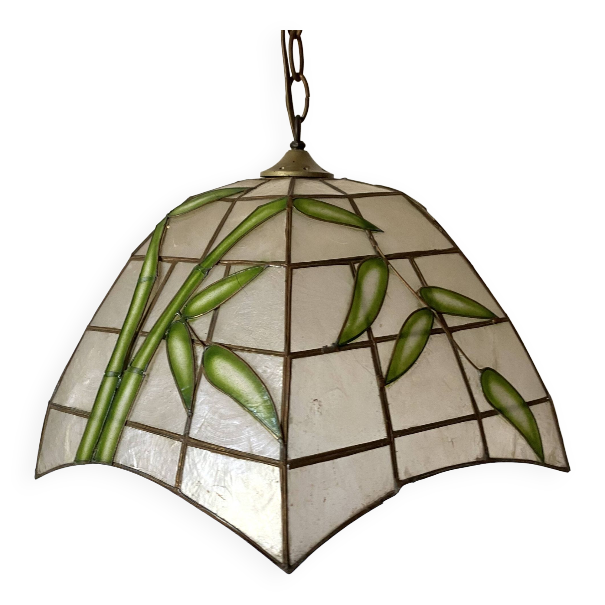 Pendant lamp in mother-of-pearl and brass with bamboo decor