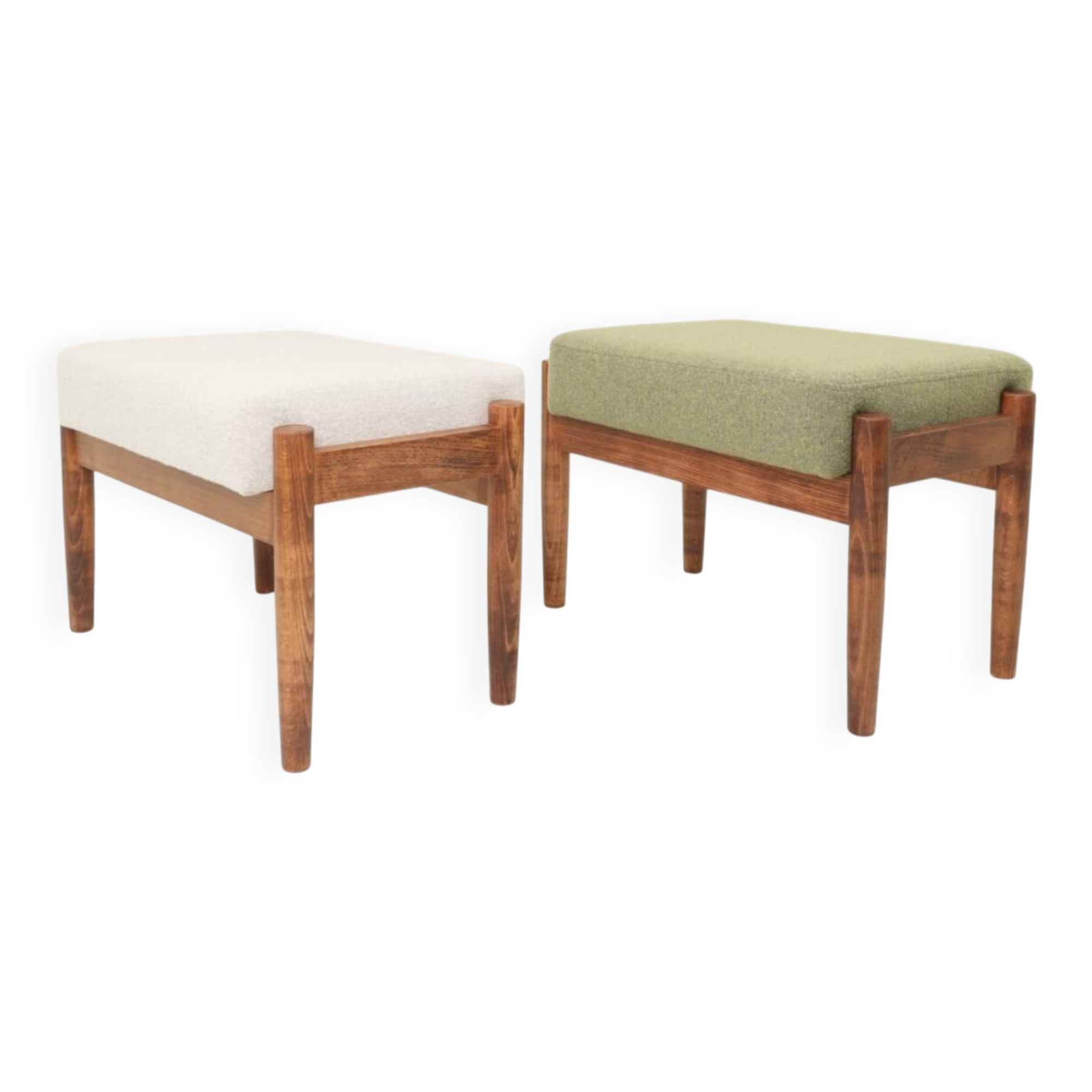Set two footrest in vintage style, boucle upholstery, wooden pouffe