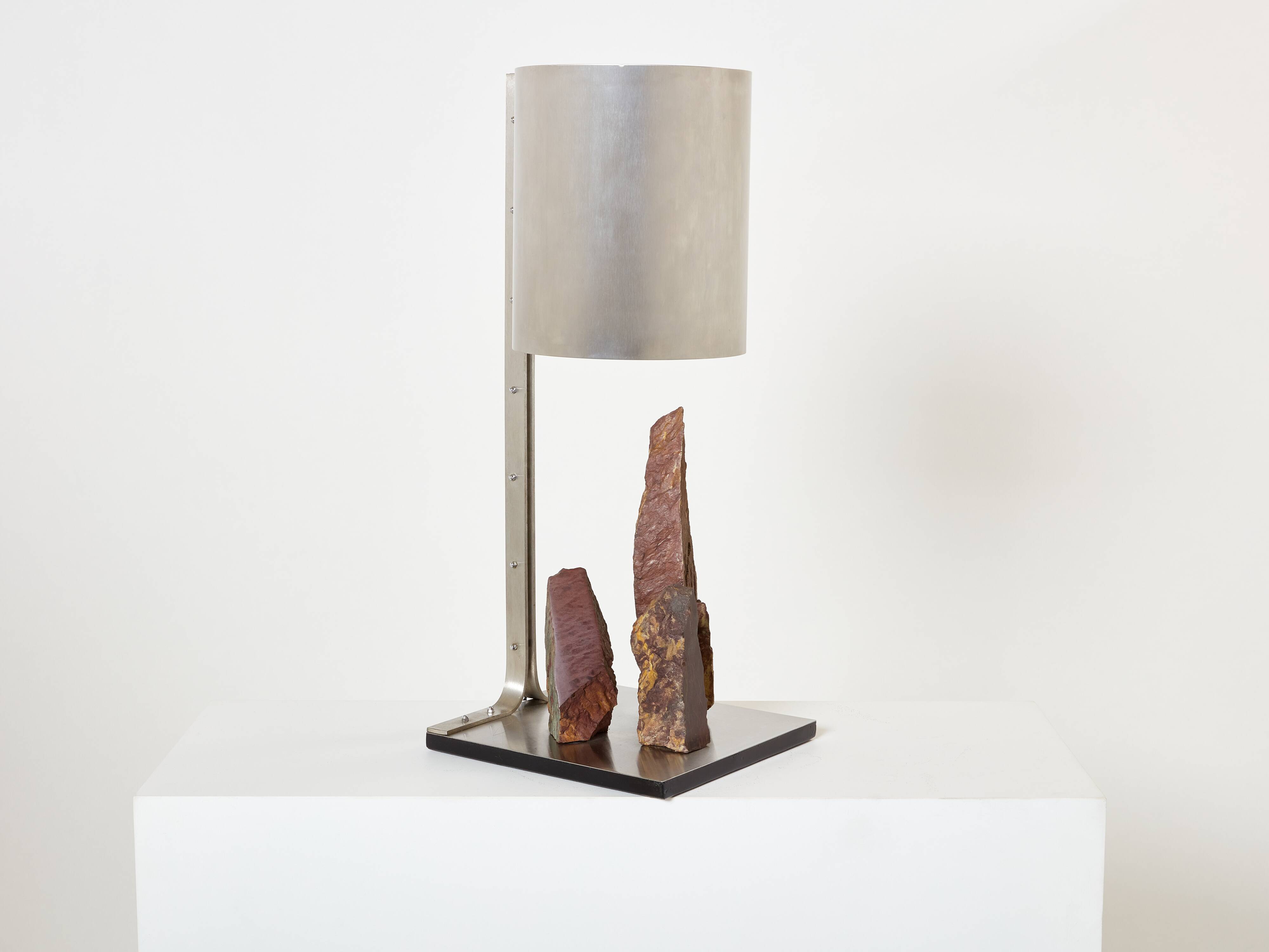 Brutalist lamp signed Philippe Jean steel and red schist 1970