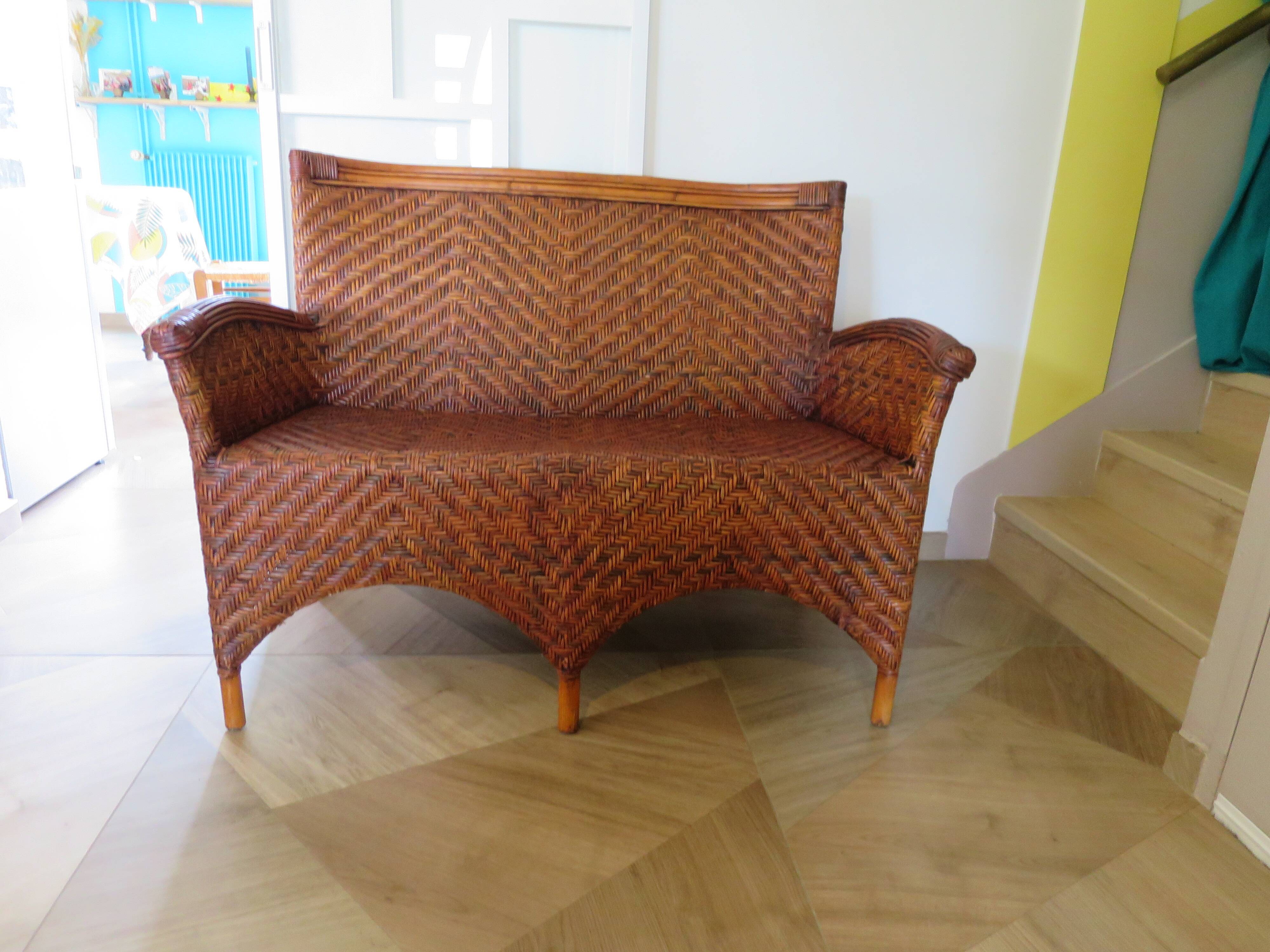 Two-seater banquette in woven rattan, wood and bamboo, 1980s.