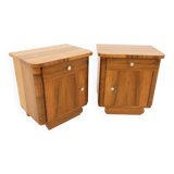 Vintage wooden bedside tables from the mid-20th century, after renovation.