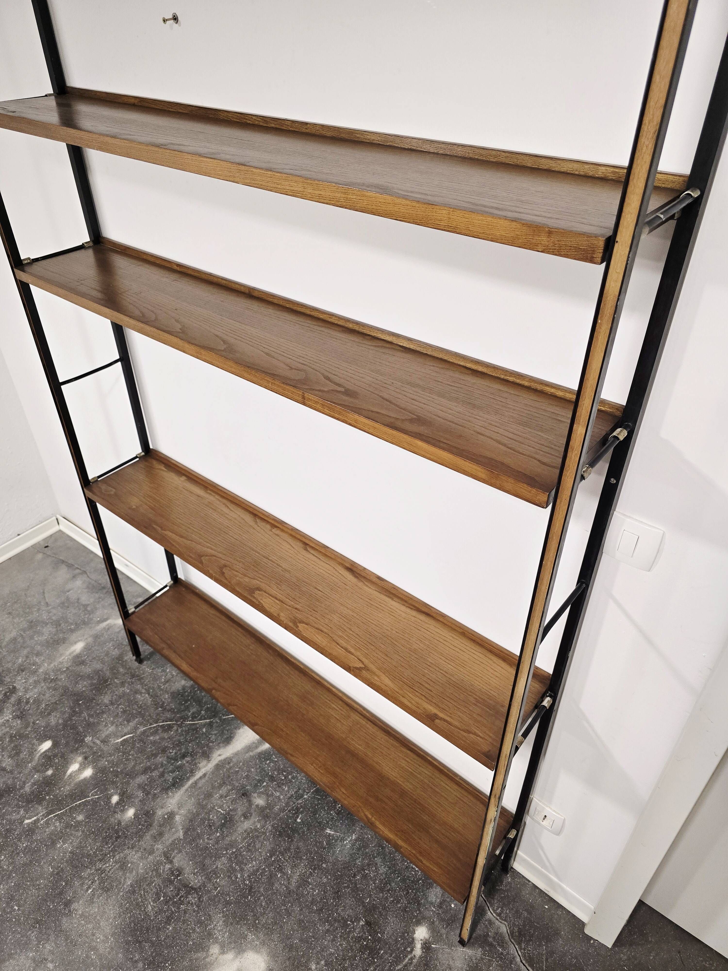 Vintage 1950s Mid-Century Modern Wall Shelving Unit – Hardwood & Alumi