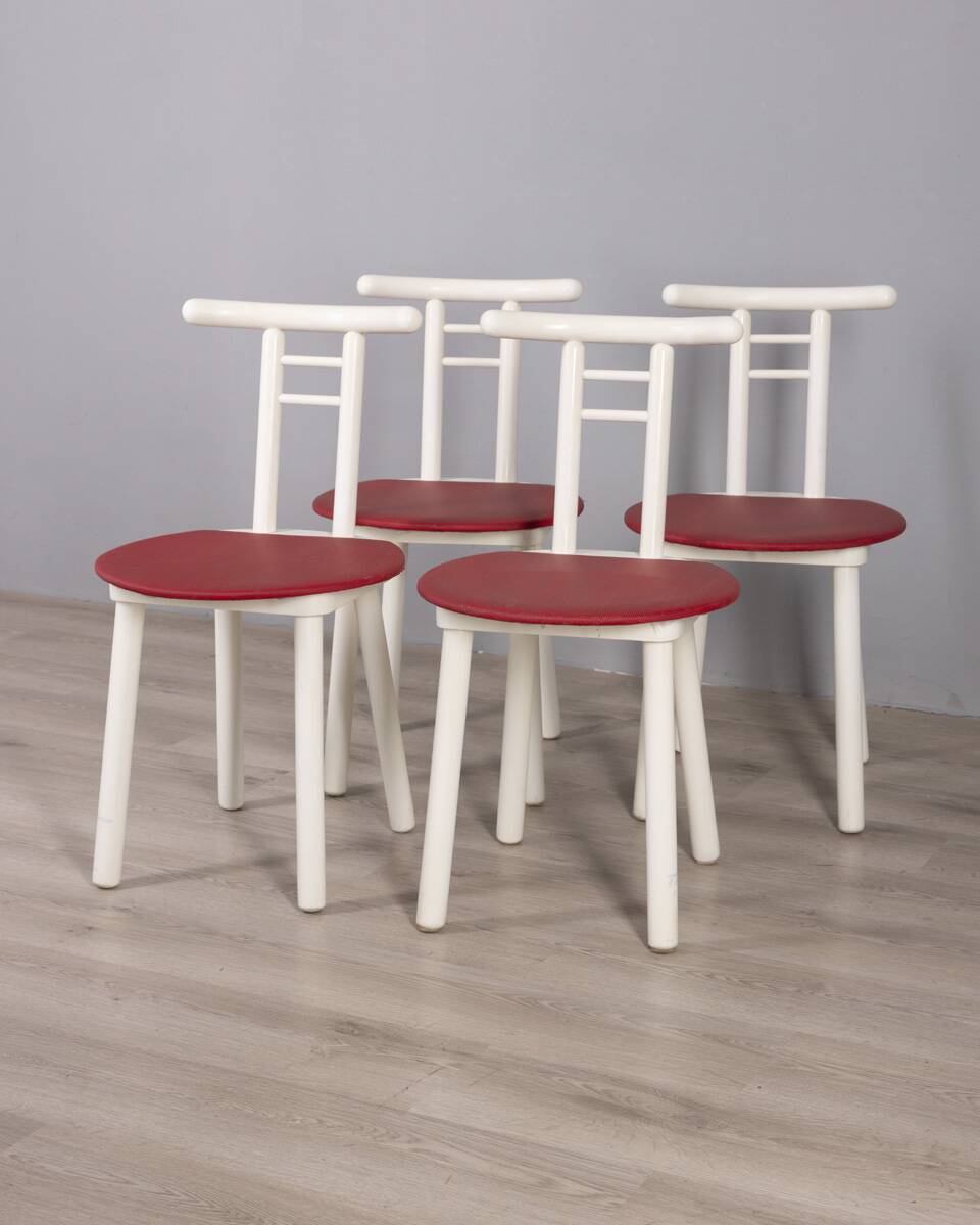 Set of 4 vintage 1980s chairs in wood and red vinyl, italian design