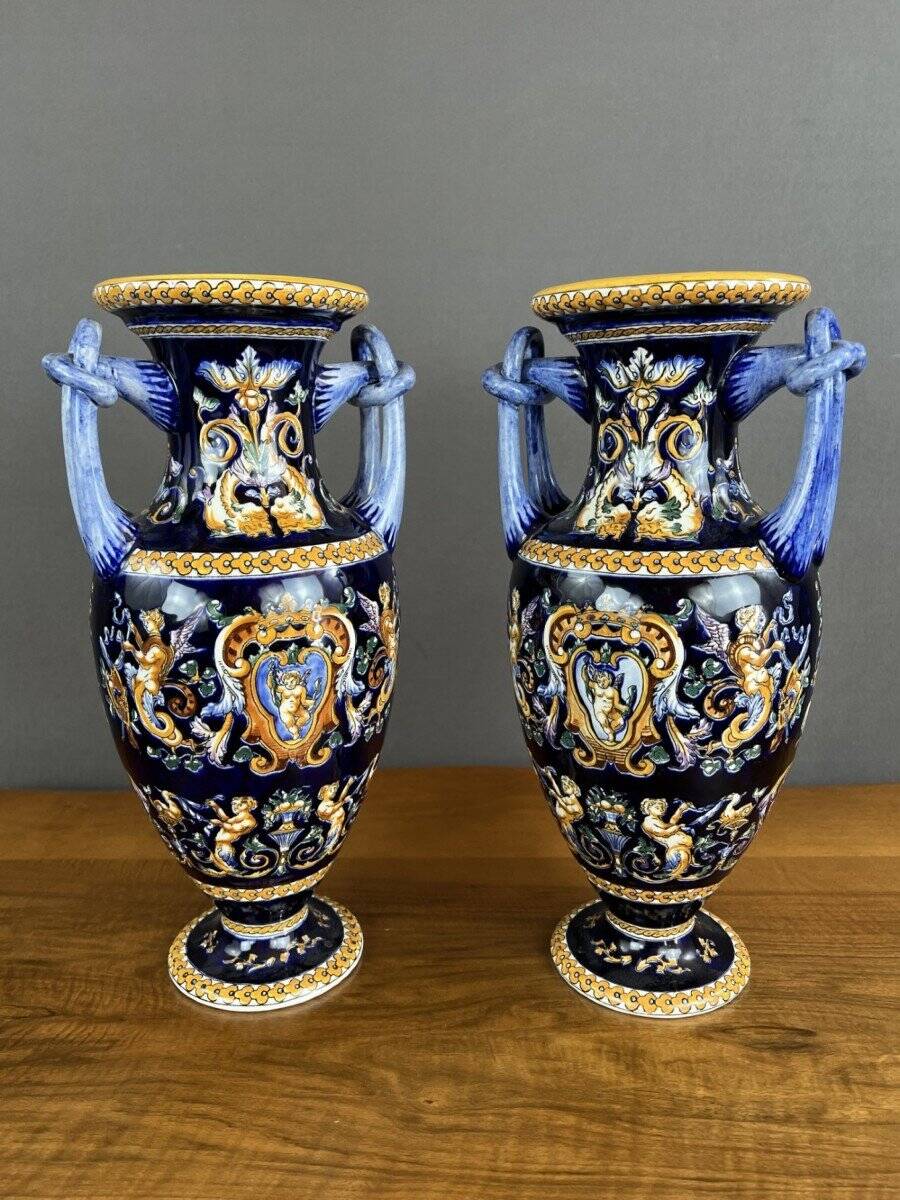 Pair of Gien Ceramic Vases Magnificent Renaissance Decor 20th Century