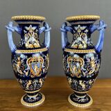 Pair of Gien Ceramic Vases Magnificent Renaissance Decor 20th Century