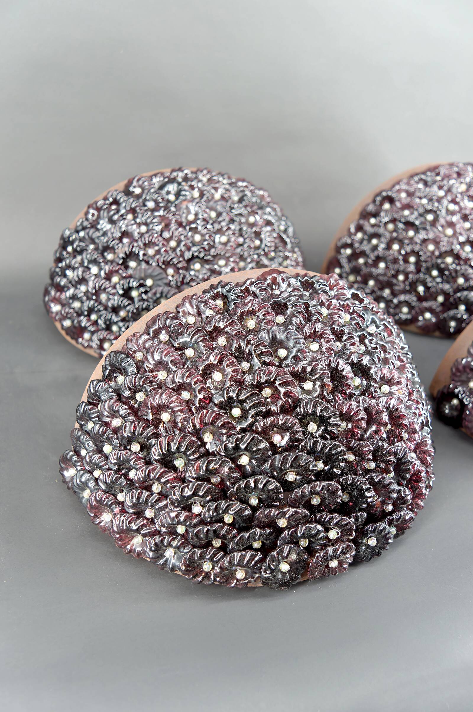 4 Wrought Iron Wall Lights with Flowers and Glass Beads, Murano, Italy, 1930