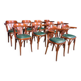 Set of 10 wooden bistro armchairs with green leatherette palmette from the 80s France