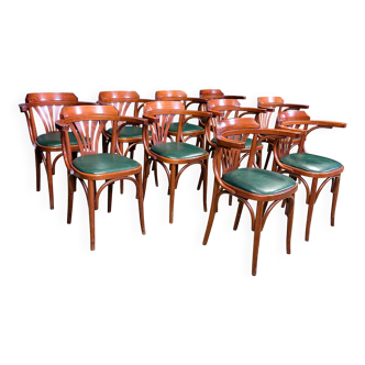 Set of 10 wooden bistro armchairs with green leatherette palmette from the 80s France