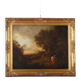 Old painting of a landscape with figures, oil on canvas, 18th century.