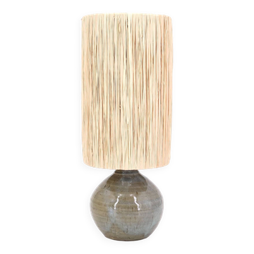 Stoneware pottery lamp, raffia lampshade, 1970s ceramics.