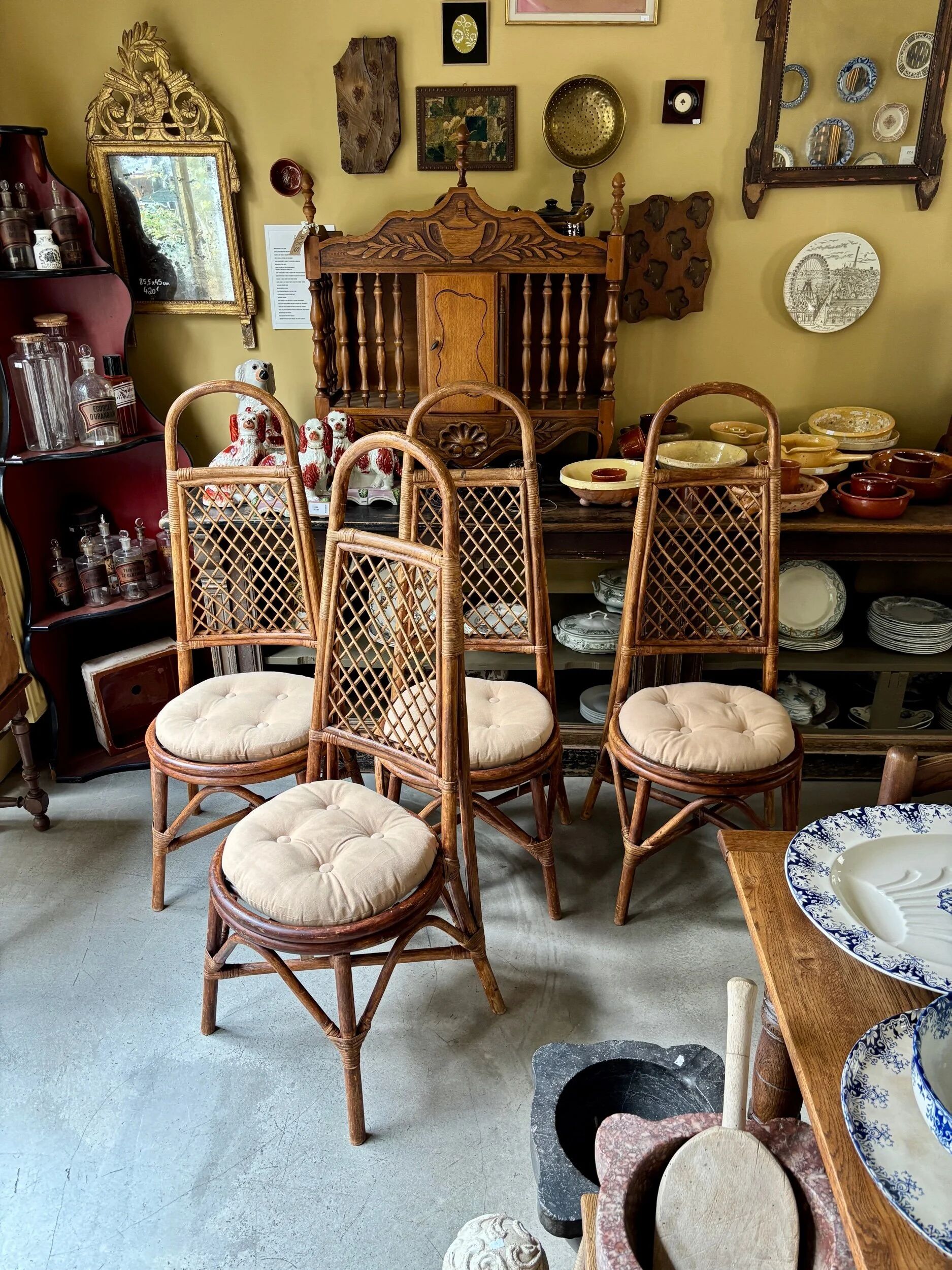 4 bent bamboo and rattan chairs