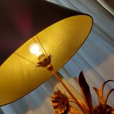 Large lamp, bouquet of vintage anemone flowers, gold metal, Hans Kogl