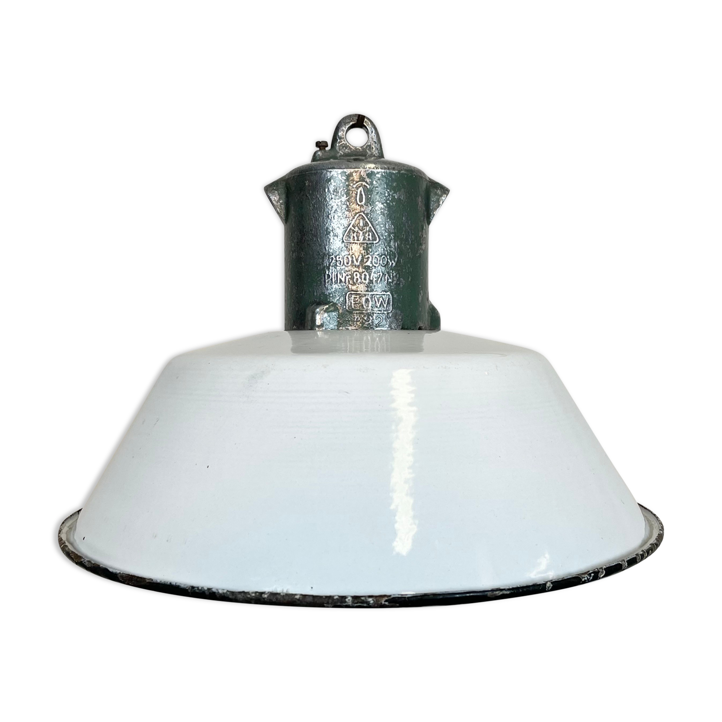 Industrial White Enamel Industrial Lamp with Cast Aluminium Top from EOW, 1950s