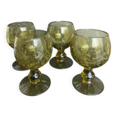 Set of 4 footed glasses Biot in amber green bubbled glass, 1970s