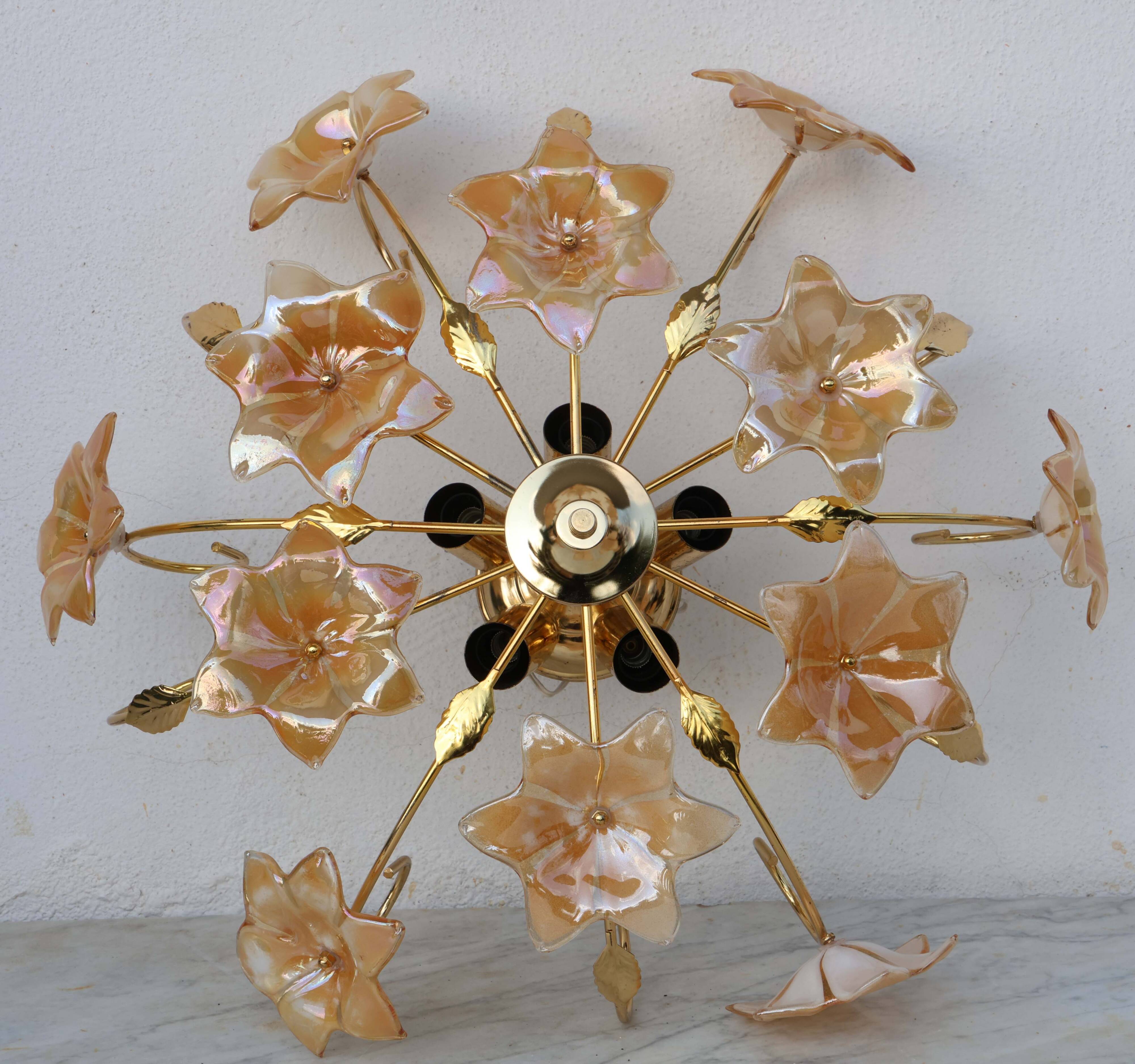 Murano Vintage Ceiling Light Orange Iridescent Flowers, 1970s