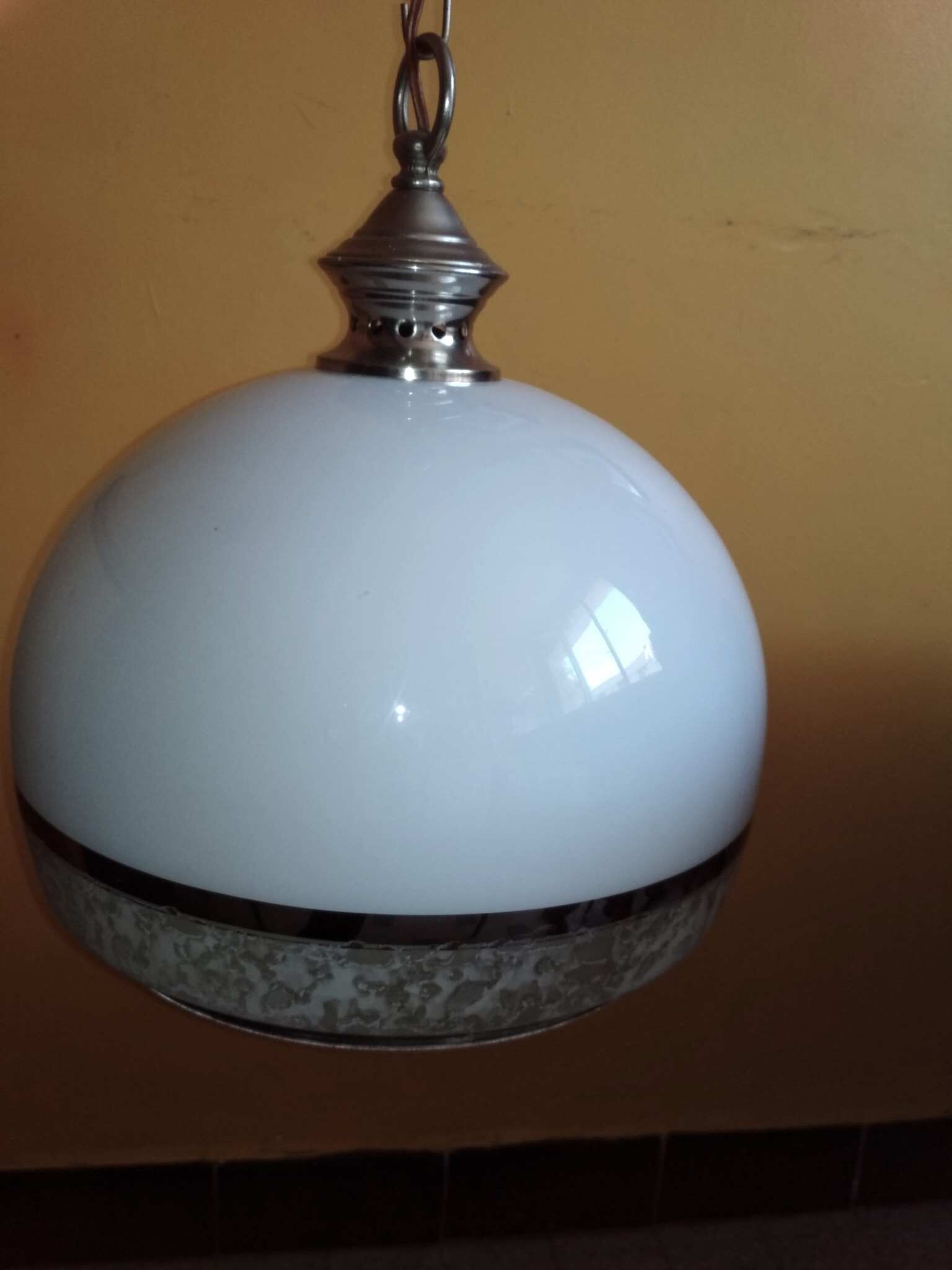 Hanging lamp 1970 globe white and grey glass silver