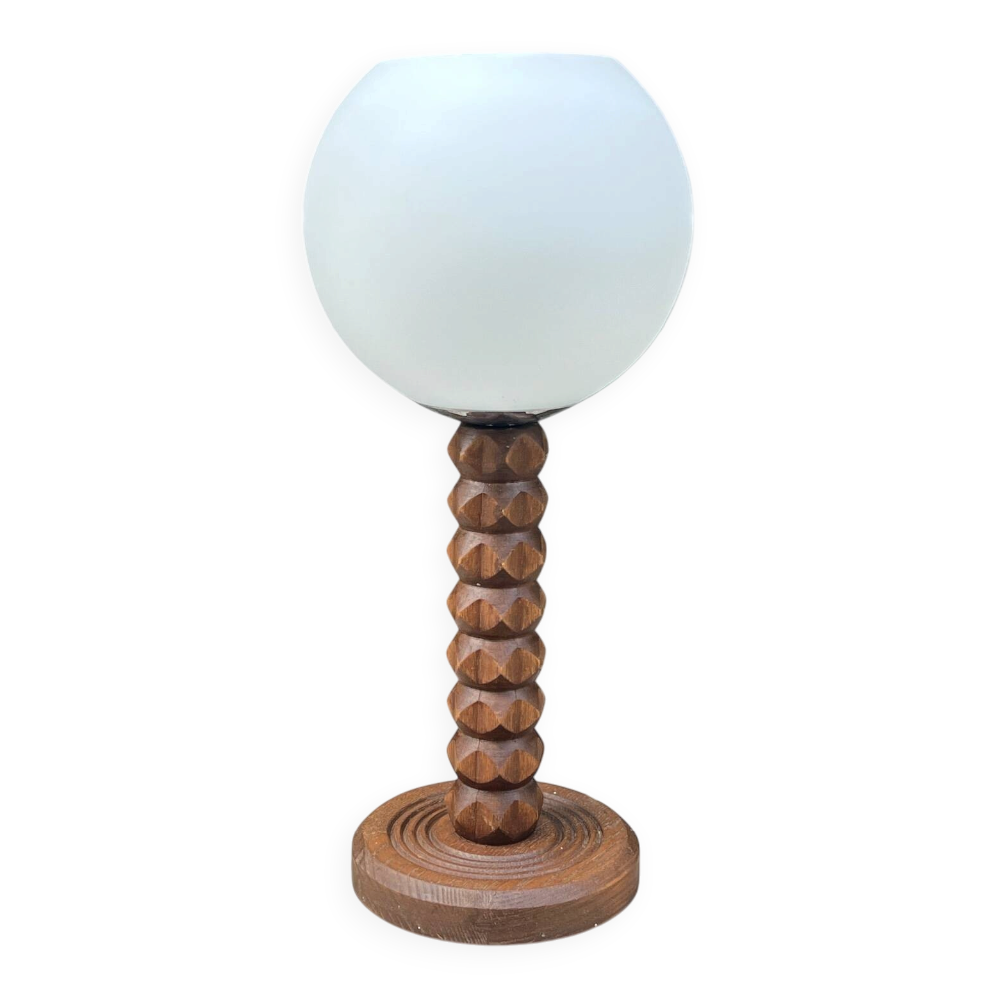 Wooden lamp in wabi-sabi brutalist style by Charles Dudouyt with white opaline.