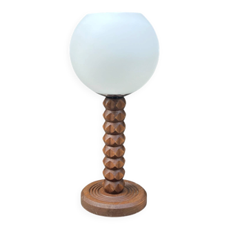 Wooden lamp in wabi-sabi brutalist style by Charles Dudouyt with white opaline.
