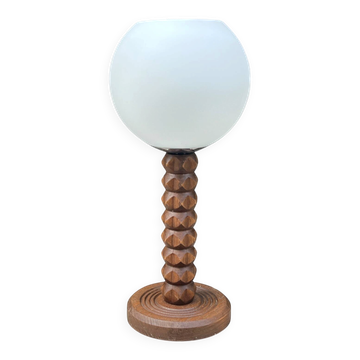 Wooden lamp in wabi-sabi brutalist style by Charles Dudouyt with white opaline.