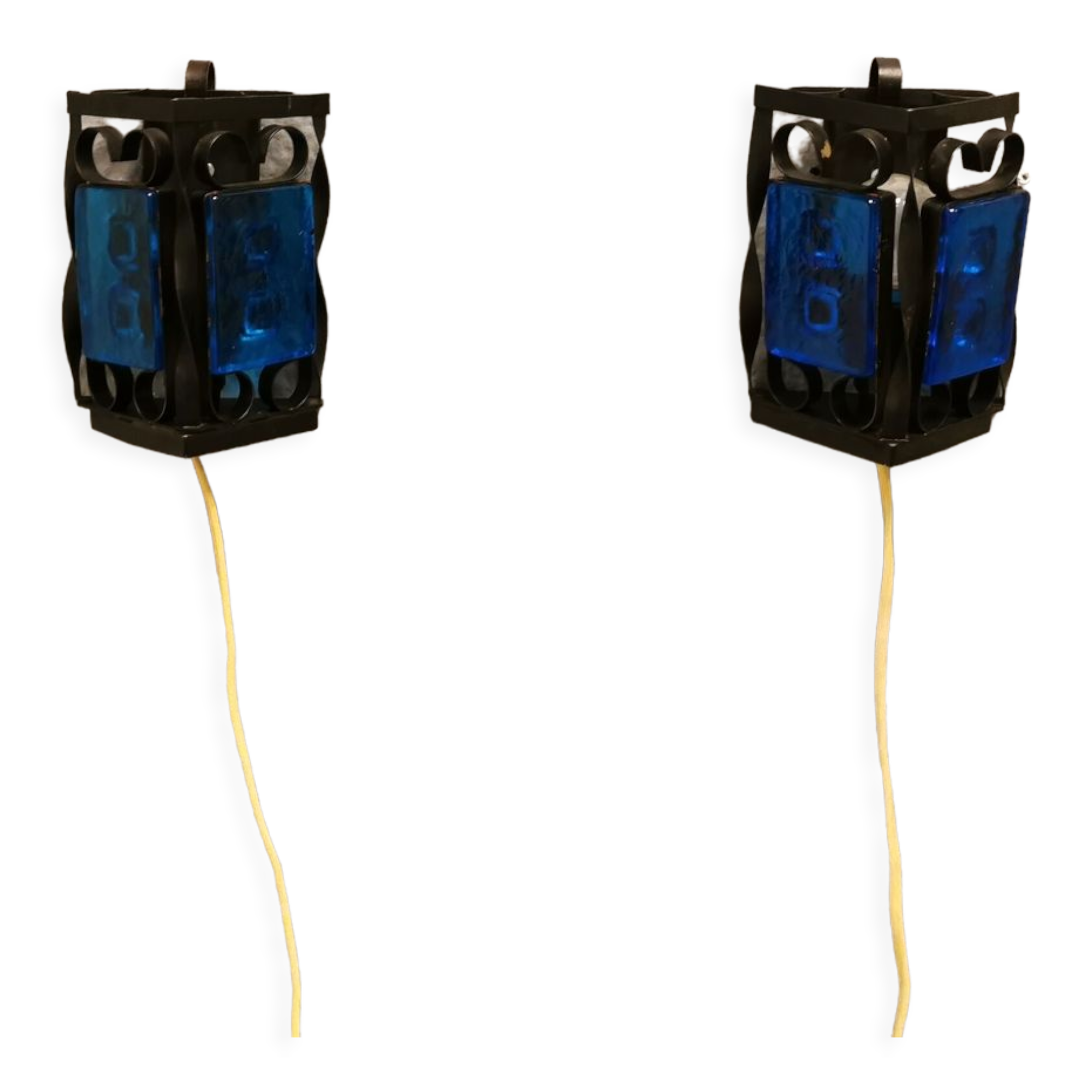 Wall lamps made of black cast iron and handmade thick pressed blue glass