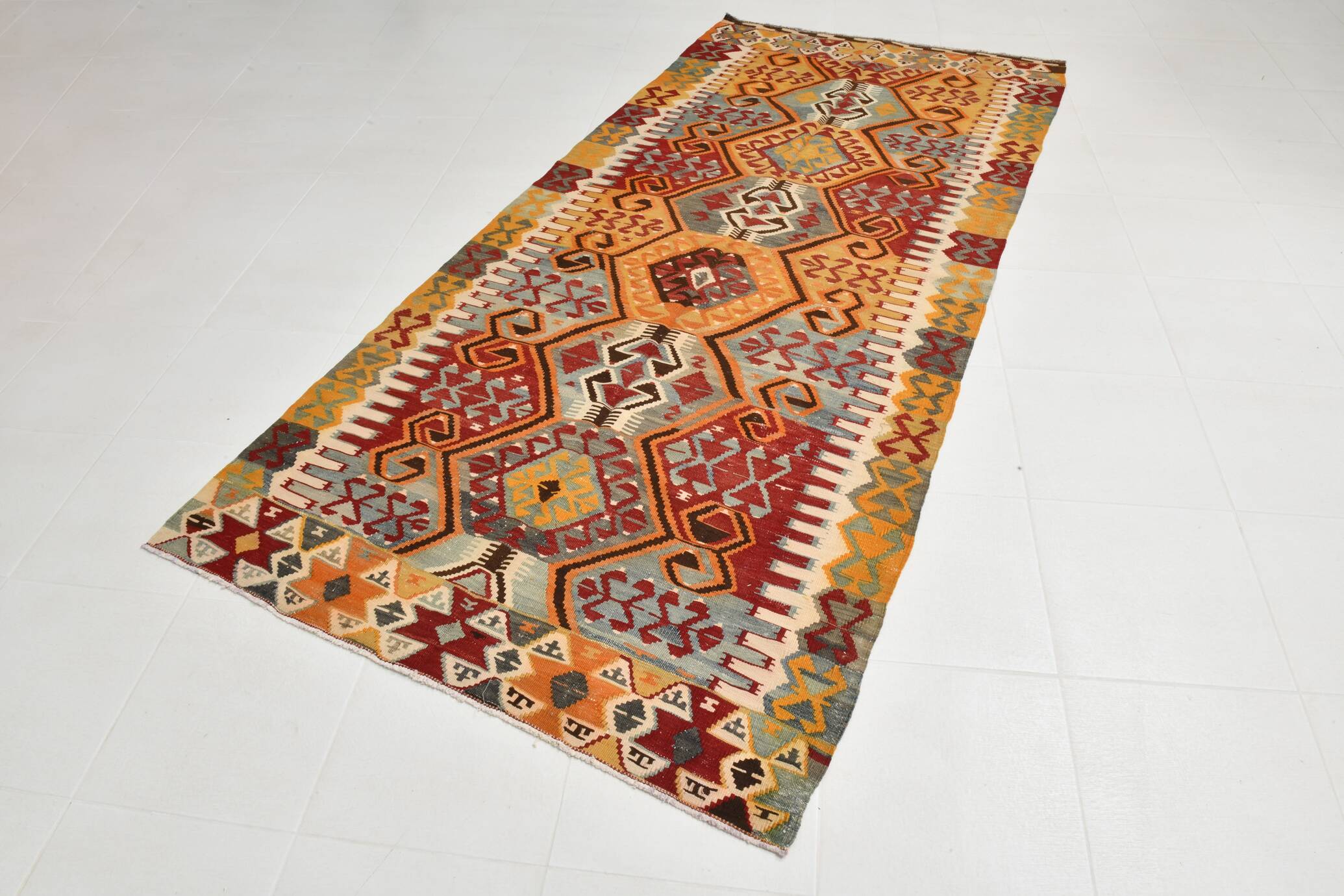 5x10 Red & Orange Geometric Vintage Kilim Rug,142x302Cm