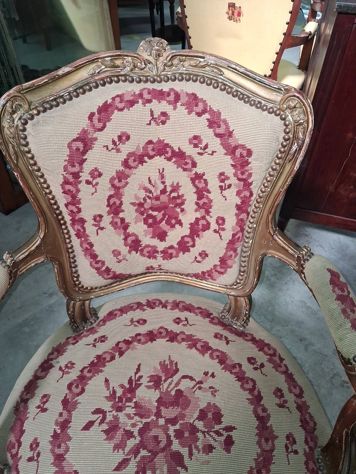 Pair of gold Louis XV style armchairs – Petit point upholstery
