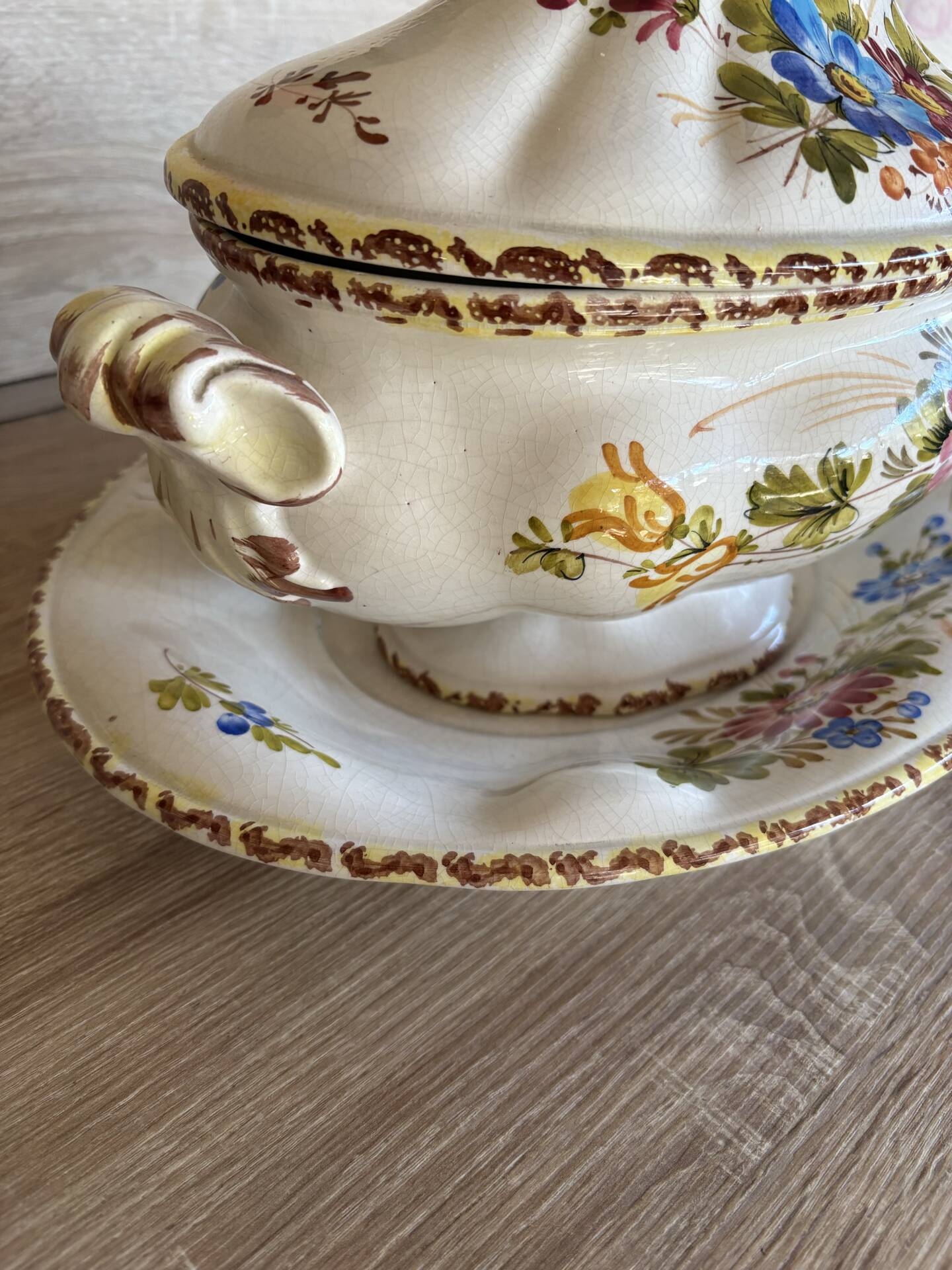 Antique soup tureen in Italian majolica, hand-painted + tray