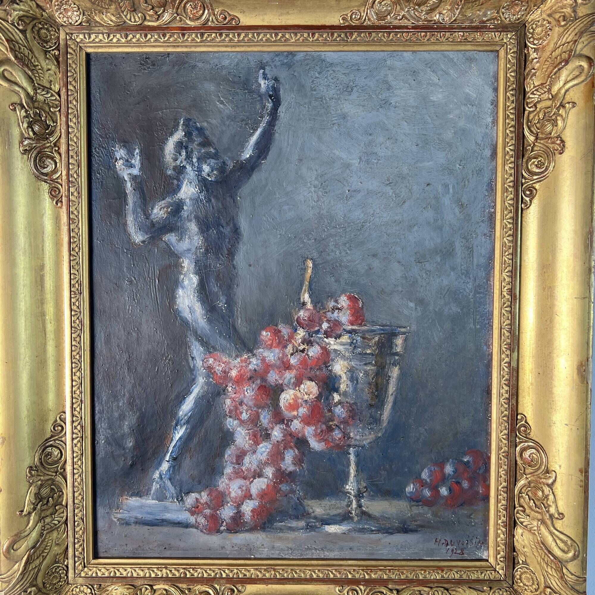 Henri duvoisin 1877-1959 oil on canvas still life empire frame, bacchus
