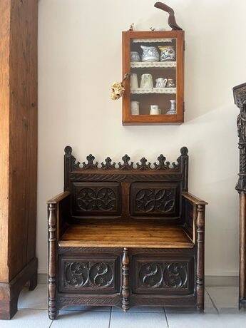 Antique wooden bank chest in Gothic / Neo-Renaissance style