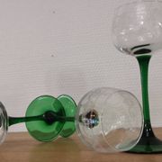 Set of 4 old Alsatian green stemmed wine glasses with vine decor engraved crystal arc