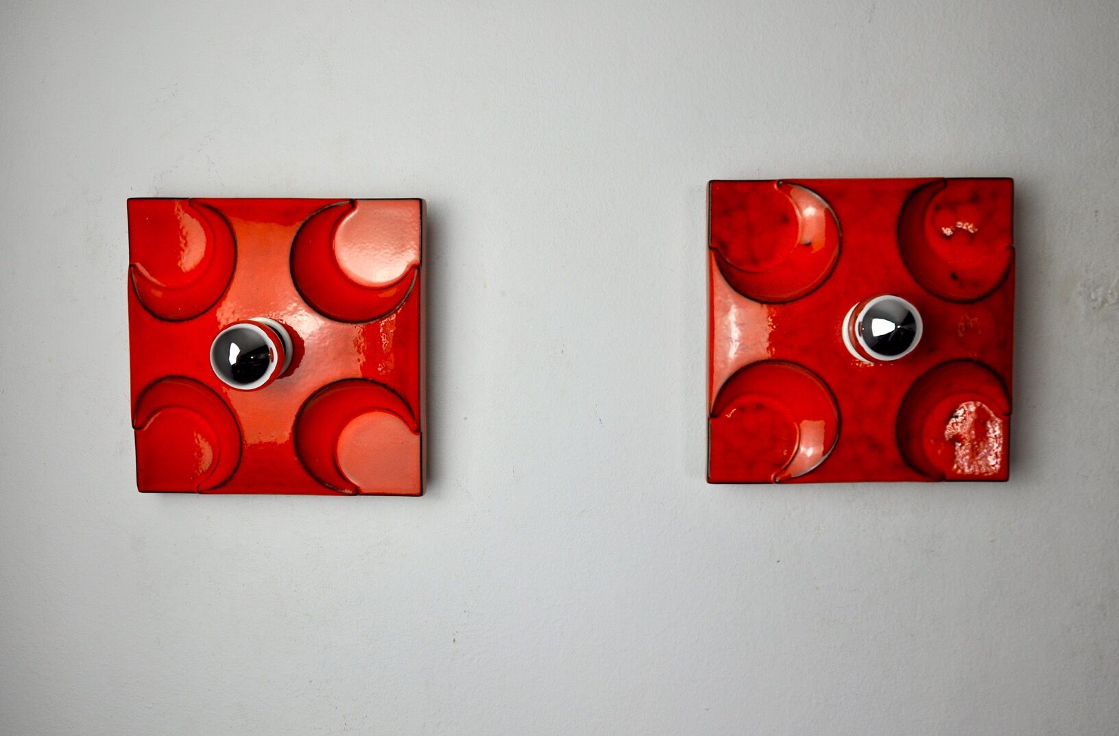 Pair of Fat Lava wall lamps by Hustadt Leuchten, Red ceramic, Germany, 1960