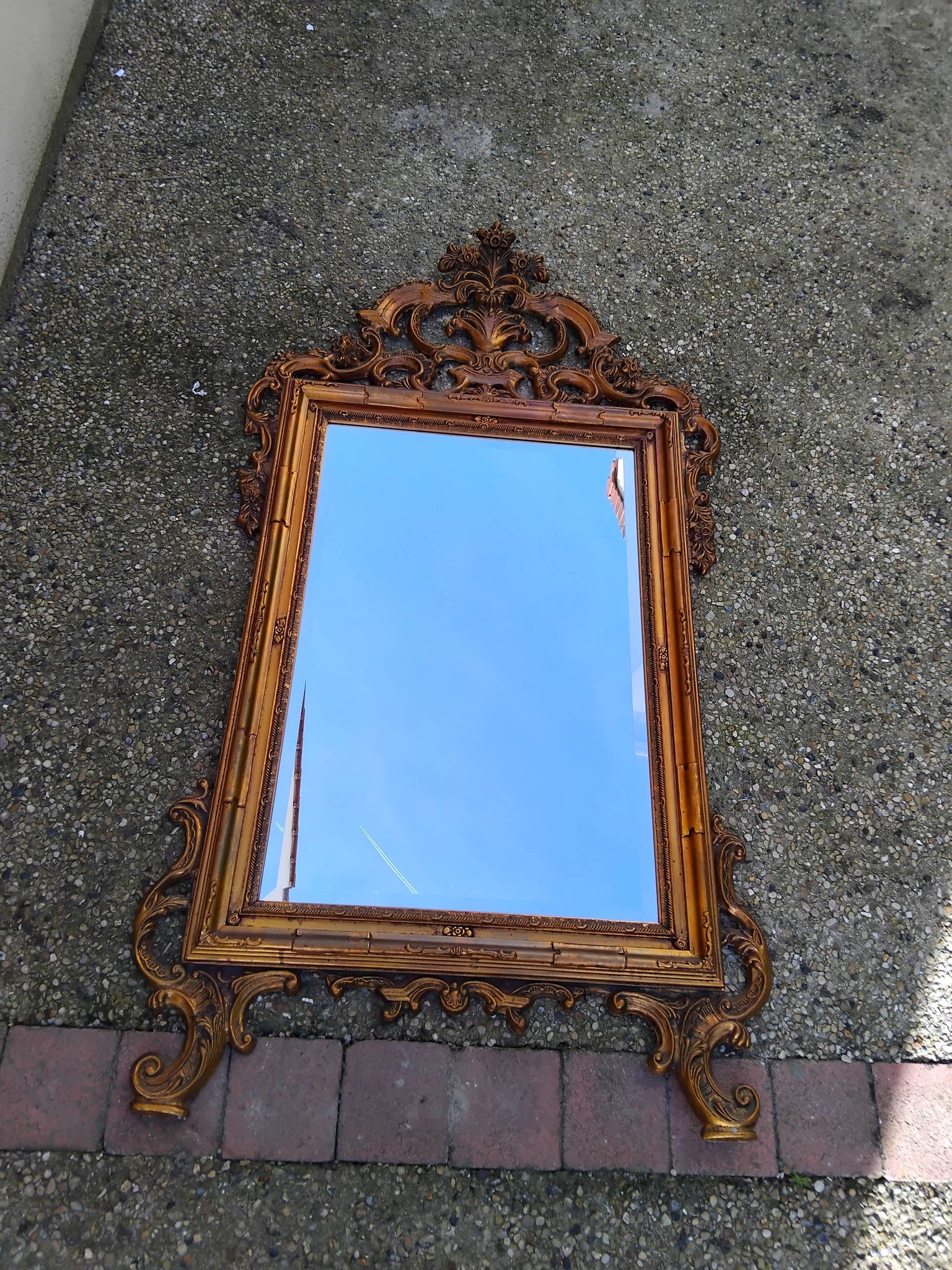Old large Louis XV style mirror, stucco, wood, resin, beveled