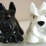 Salt and pepper shakers, glazed ceramic, Scottish terrier dog, signed