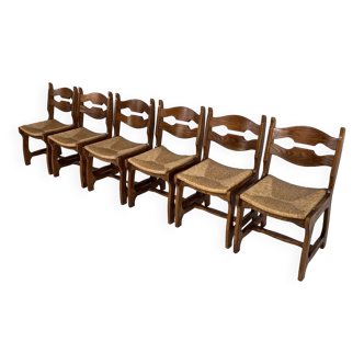 Set de 6 chaises années 50 en chêne et paille
