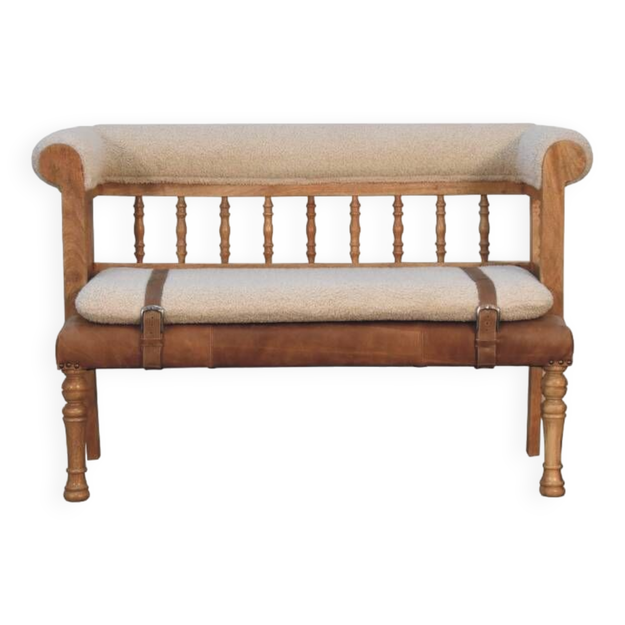 Luxury Handcrafted Rustic Chic Hallway Bench - Mango Wood,  Boucle & Buffalo Leather