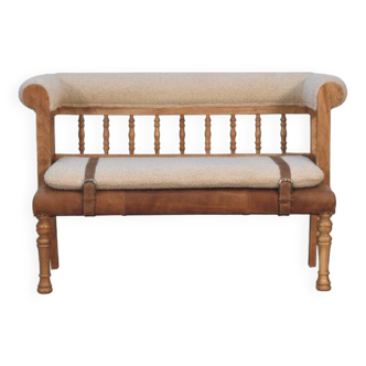 Luxury Handcrafted Rustic Chic Hallway Bench - Mango Wood,  Boucle & Buffalo Leather