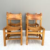 4 chairs in solid elm and leather, Maison Regain 70s
