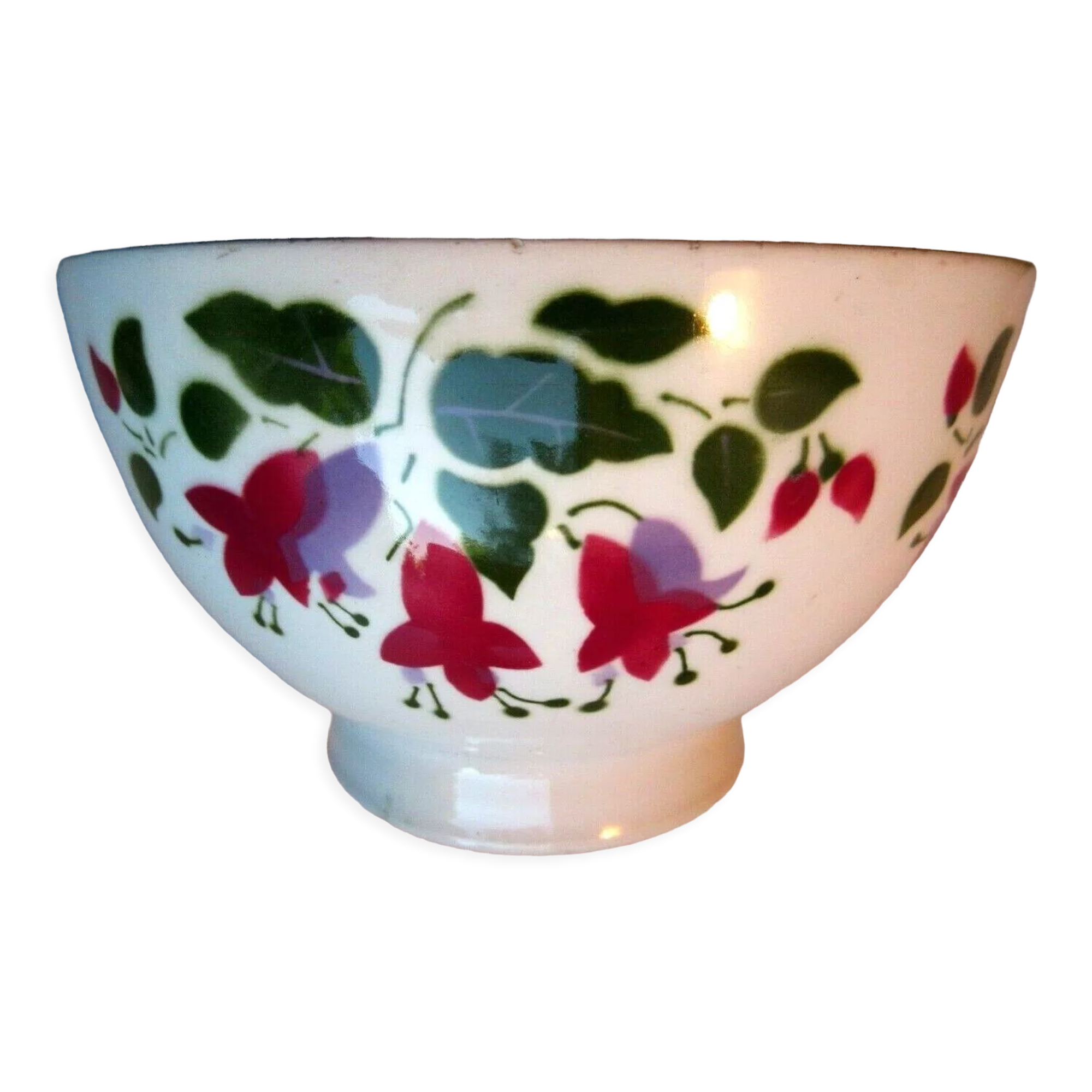 Bol art déco Portugal 4 branches de fuschia rouges et feuilles vertes