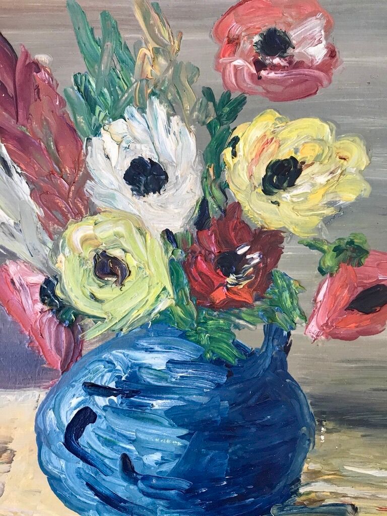 Painting still life bouquet flowers framed 50s