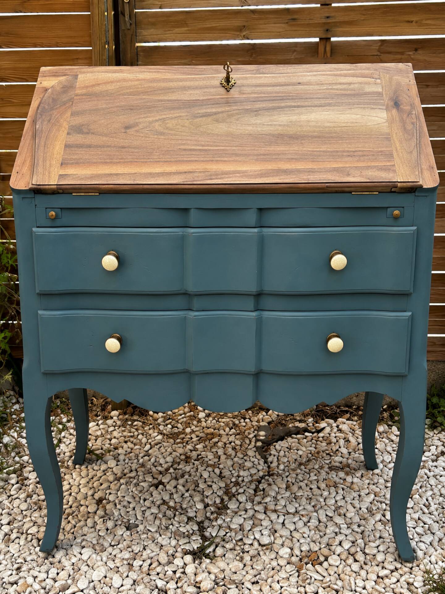 Restored antique drop-leaf secretary – natural wood & Night Blue
