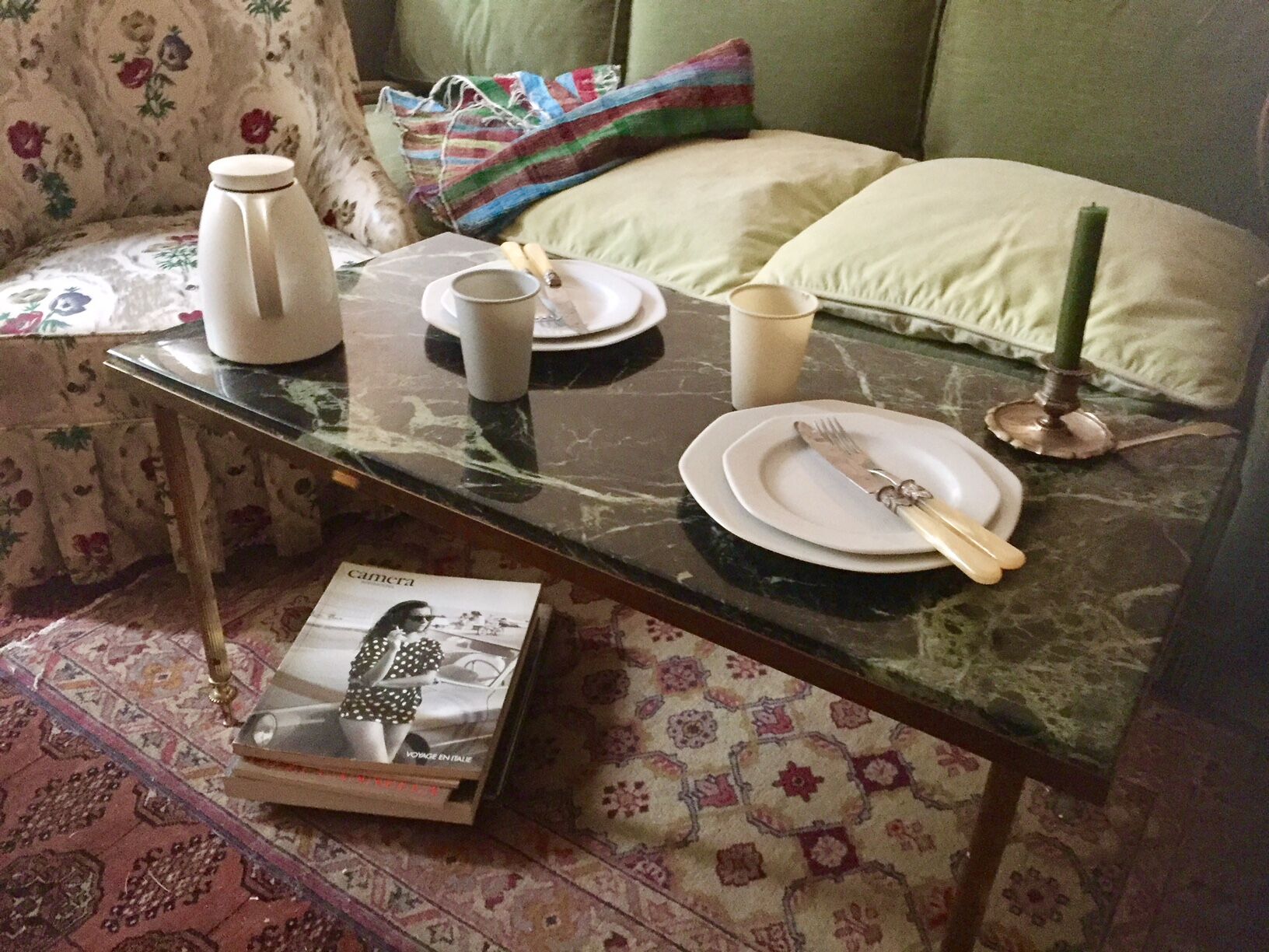 Green marble and gilded brass coffee table