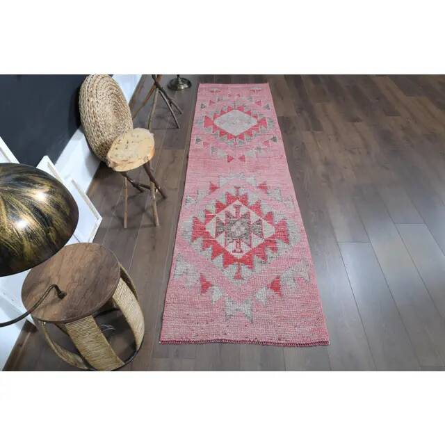 1970s Vintage Turkish Oushak Handmade Wool Cotton Pink Runner Rug 74x275