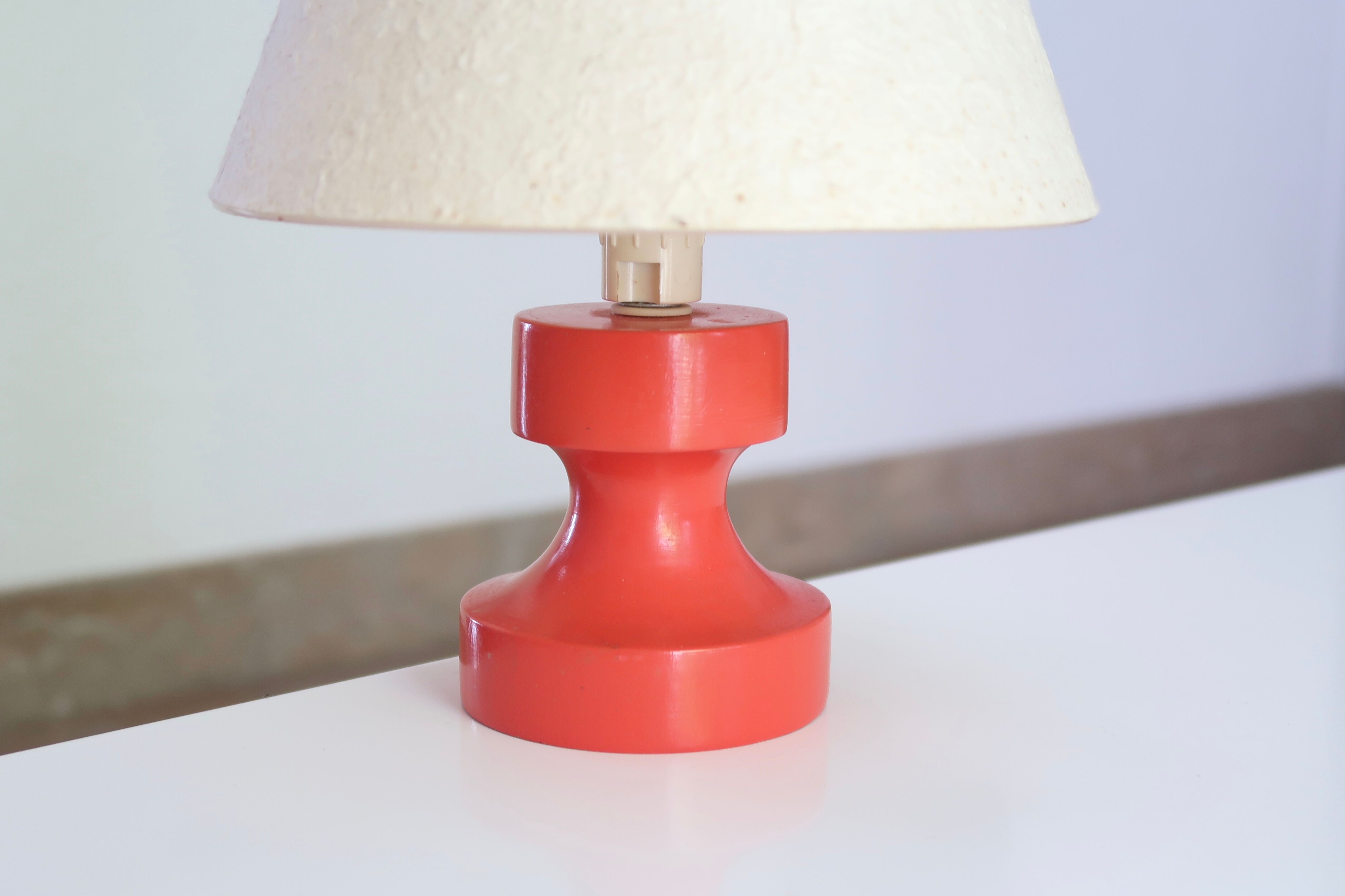 Red wooden lamp with herbarium-style lampshade from the 70s