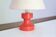 Red wooden lamp with herbarium-style lampshade from the 70s