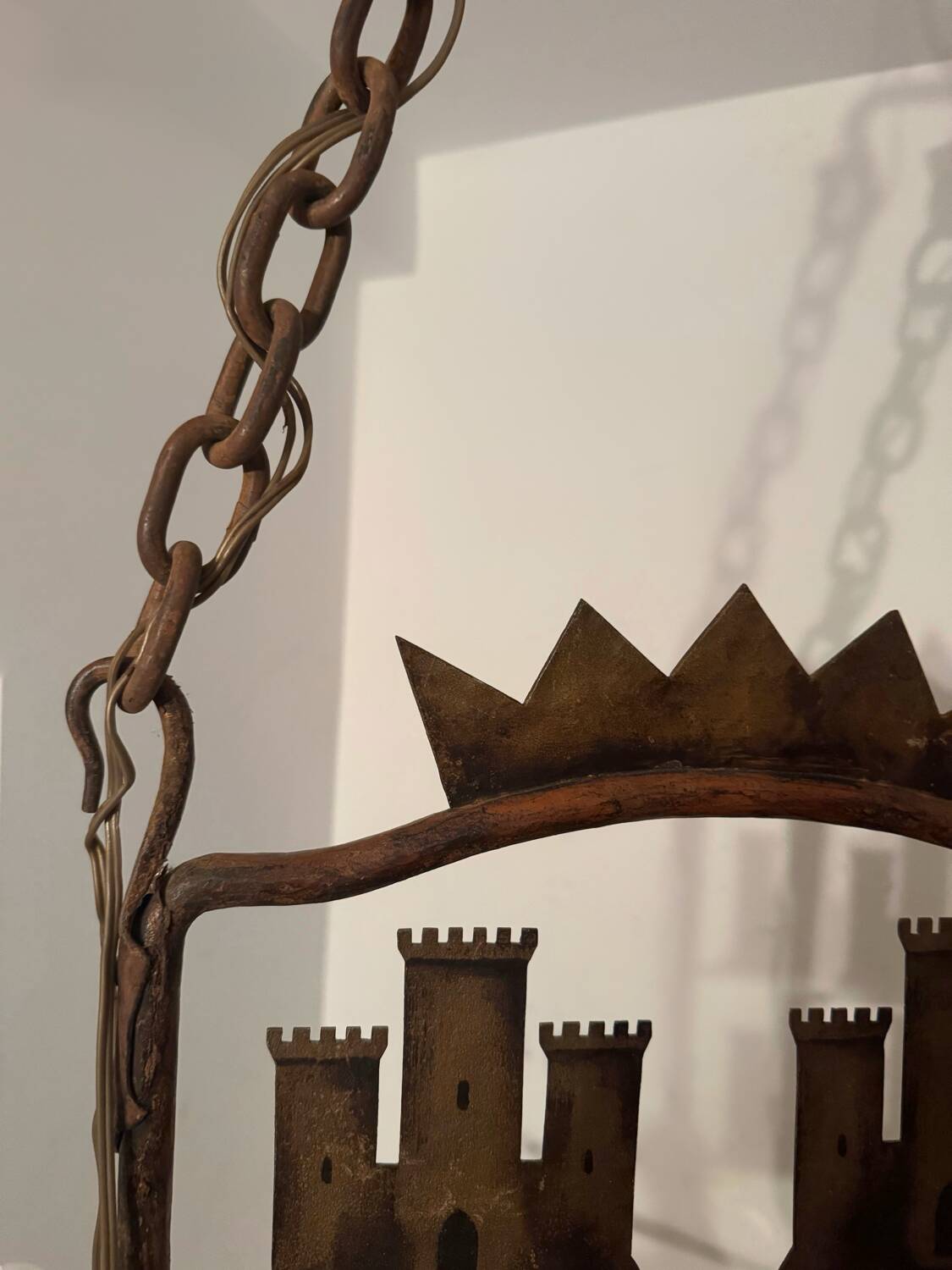 Medieval style heraldic wrought iron chandelier