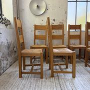 Set of 8 blond oak chairs with straw seats