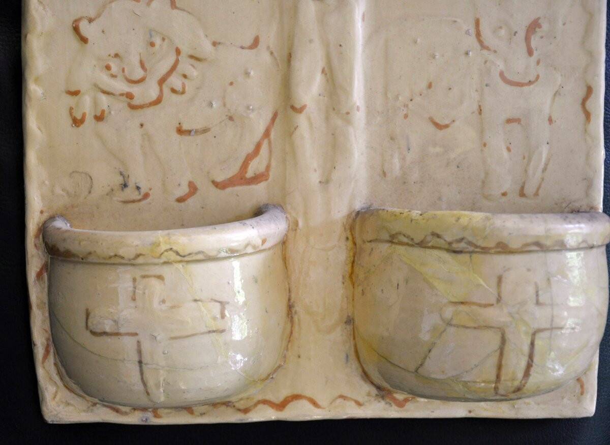 Terracotta plaque signed MSD Anne Dangar Moly-Sabata enamelled with double holy water font